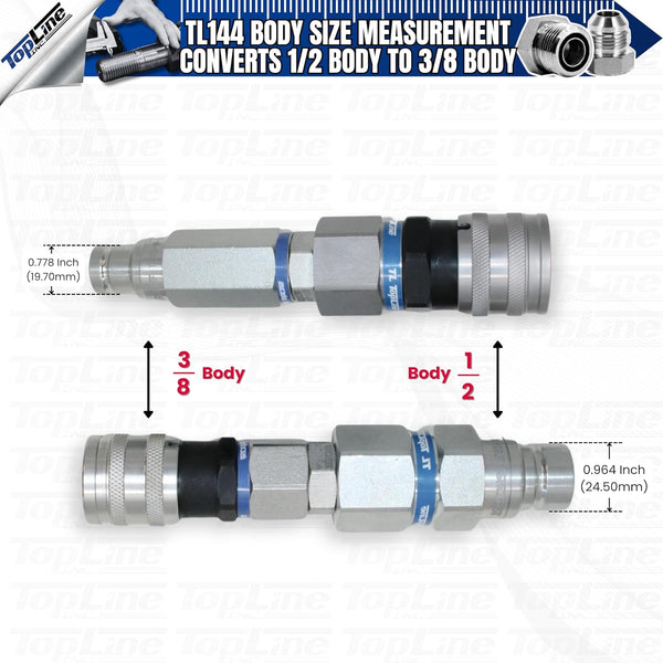 Adapter Set Flat Face Coupler | Converts 1/2 body to 3/8 body | Hydraulic Quick Connect Coupler | ISO 16028 | Model TL144