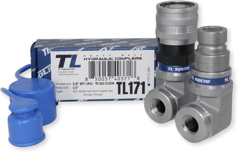1/2" Body with 90 deg. Elbow 3/8" NPT Thread | Flat Face Hydraulic Quick Connect Coupler | Skid Steer Bobcat Attachment | ISO 16028 Heavy-Duty Coupling Sets with Dust Caps | Model TL171