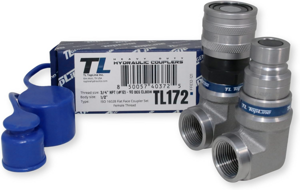 1/2" Body with 90 deg. Elbow 3/4" NPT Thread | Flat Face Hydraulic Quick Connect Coupler | Skid Steer Bobcat Attachment | ISO 16028 Heavy-Duty Coupling Sets with Dust Caps | Model TL172