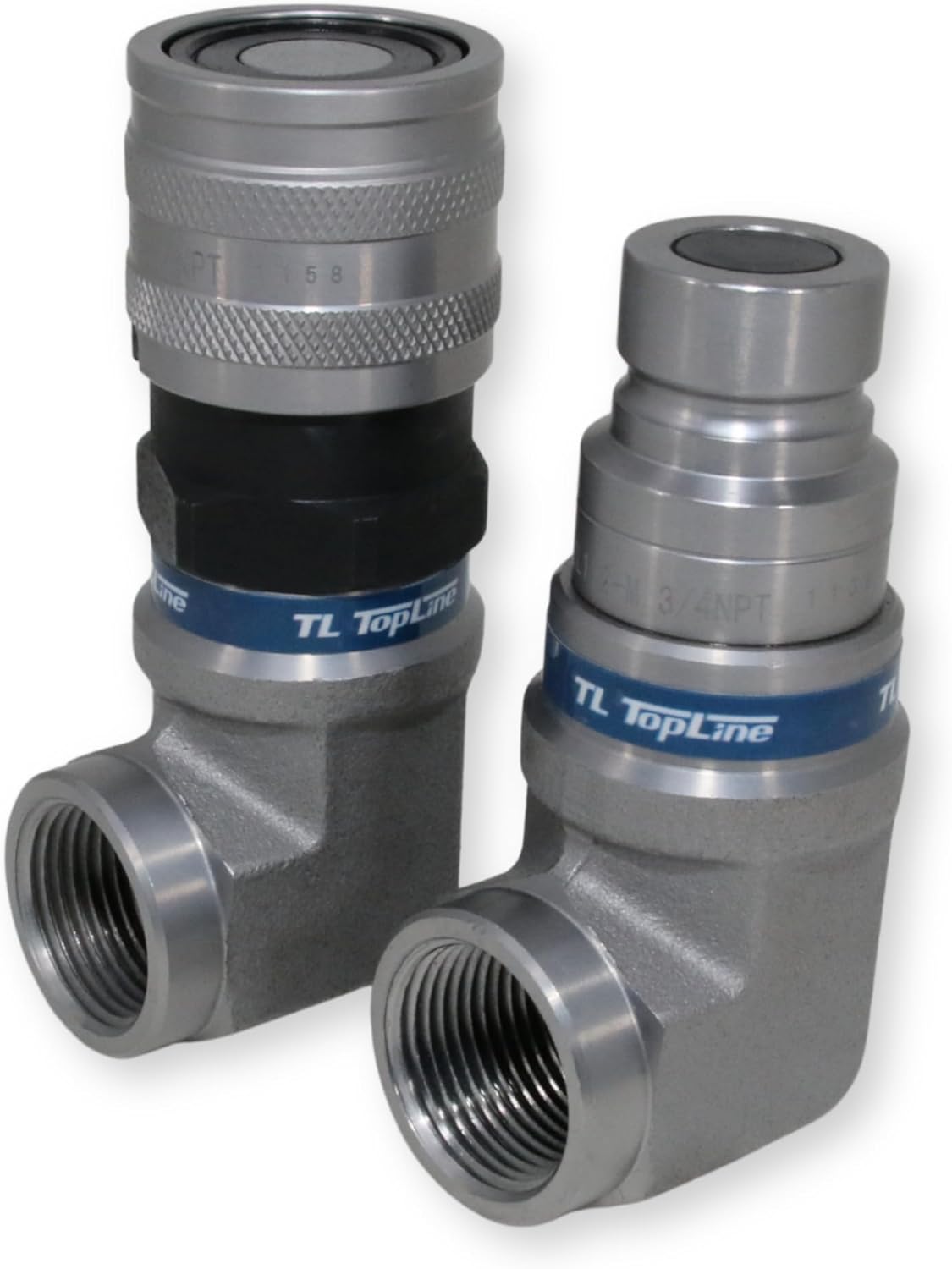 1/2" Body with 90 deg. Elbow 3/4" NPT Thread | Flat Face Hydraulic Quick Connect Coupler | Skid Steer Bobcat Attachment | ISO 16028 Heavy-Duty Coupling Sets with Dust Caps | Model TL172