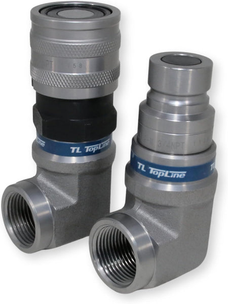 1/2" Body with 90 deg. Elbow 3/4" NPT Thread | Flat Face Hydraulic Quick Connect Coupler | Skid Steer Bobcat Attachment | ISO 16028 Heavy-Duty Coupling Sets with Dust Caps | Model TL172