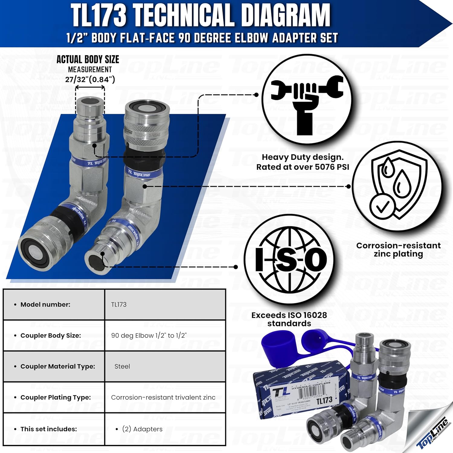 1/2" Body Flat‑Face 90 Degree Elbow Adapter Set, Hydraulic Quick Connect Coupler, ISO 16028, Heavy-Duty Coupling Set with Dust Caps for Skid Steer Bobcat Attachment | Model TL173