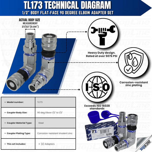 1/2" Body Flat‑Face 90 Degree Elbow Adapter Set, Hydraulic Quick Connect Coupler, ISO 16028, Heavy-Duty Coupling Set with Dust Caps for Skid Steer Bobcat Attachment | Model TL173