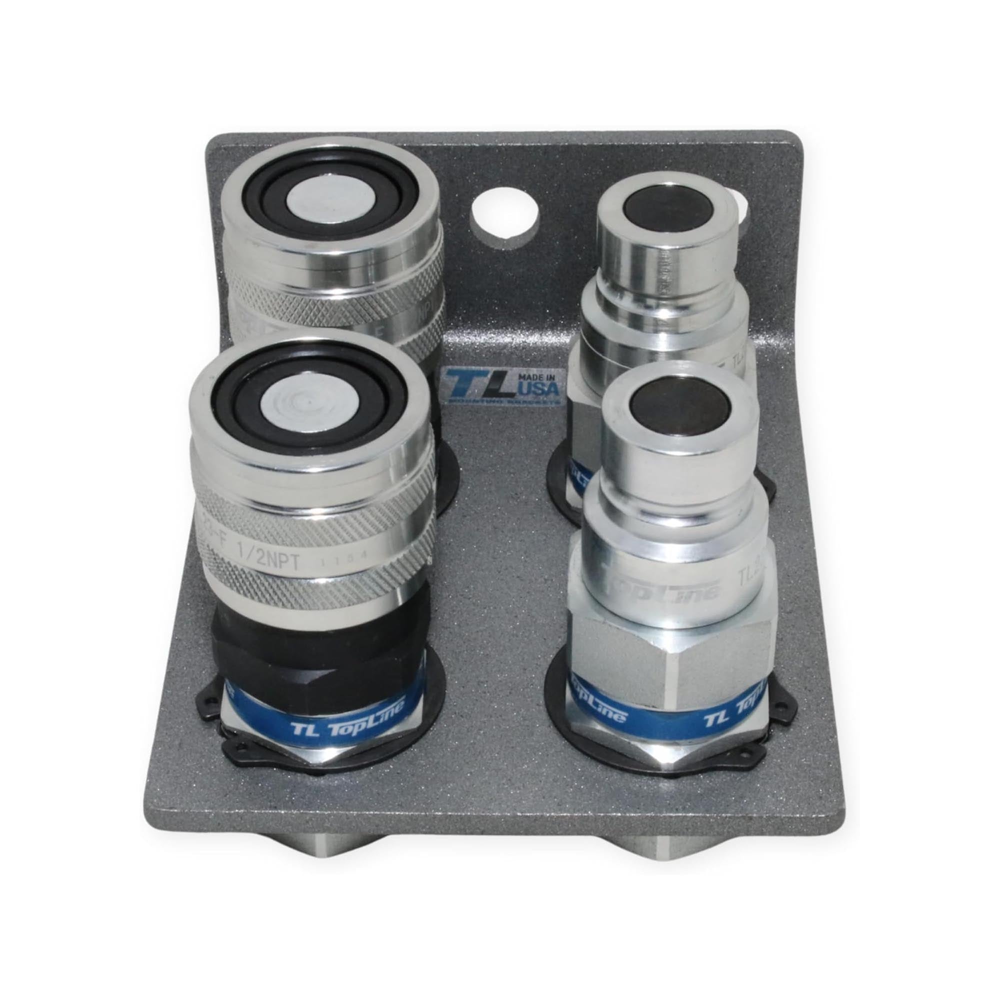 1/2" Hydraulic Quick Connect Coupler Set, Flat Face, 1/2" NPT, ISO 16028, Heavy-Duty Steel, Includes Mounting Bracket, Fits Skid Steer Bobcat Attachments - TL23B-4
