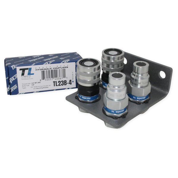 1/2" Hydraulic Quick Connect Coupler Set, Flat Face, 1/2" NPT, ISO 16028, Heavy-Duty Steel, Includes Mounting Bracket, Fits Skid Steer Bobcat Attachments - TL23B-4