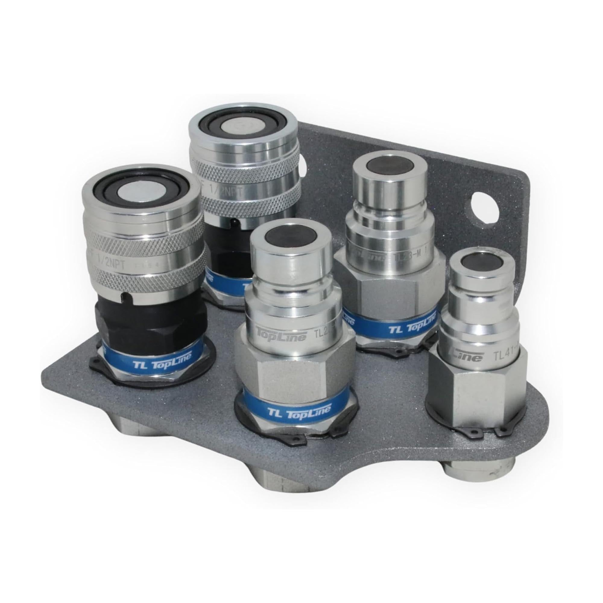 1/2" Flat Face Hydraulic Quick Connect Coupler Set, 1/2" NPT with 3/8" Drain Line Coupler, ISO 16028, Heavy-Duty Steel, Includes Mounting Bracket, Fits Skid Steer Bobcat Attachments - TL23DB-4