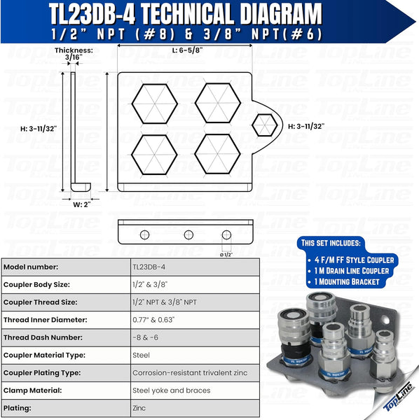 1/2" Flat Face Hydraulic Quick Connect Coupler Set, 1/2" NPT with 3/8" Drain Line Coupler, ISO 16028, Heavy-Duty Steel, Includes Mounting Bracket, Fits Skid Steer Bobcat Attachments - TL23DB-4