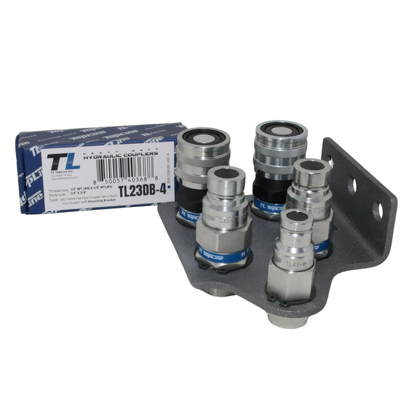 1/2" Flat Face Hydraulic Quick Connect Coupler Set, 1/2" NPT with 3/8" Drain Line Coupler, ISO 16028, Heavy-Duty Steel, Includes Mounting Bracket, Fits Skid Steer Bobcat Attachments - TL23DB-4