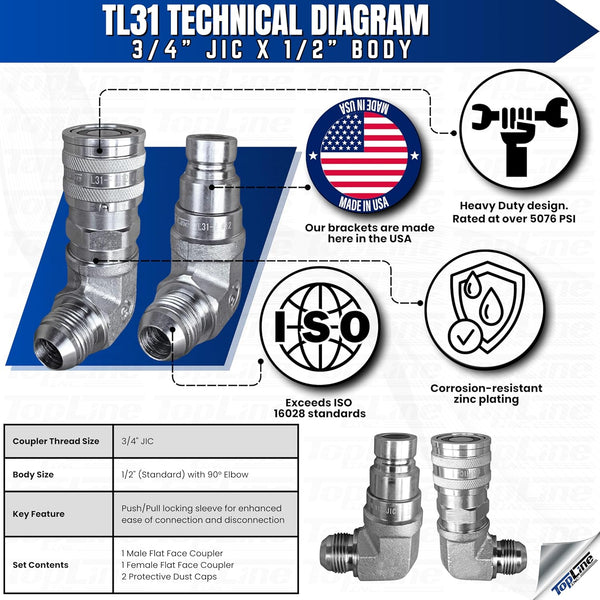TL31 3/4 JIC Male 90 deg Elbow Flat Face Hydraulic Quick Connect Coupler Set 1/2