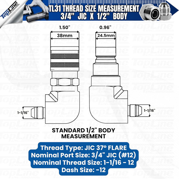 TL31 3/4 JIC Male 90 deg Elbow Flat Face Hydraulic Quick Connect Coupler Set 1/2