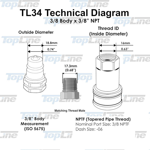 TL34 3/8" NPT Thread Hydraulic Quick Connect Coupler Set 3/8” Body Ag ISO 5675