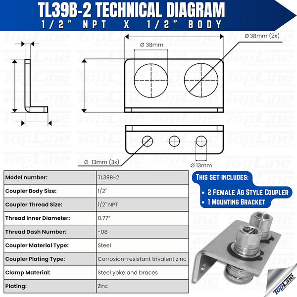 1/2" Body 1/2" NPT AG Thread | Agricultural Couplers Hydraulic Quick Connect with Break Away Mounting Bracket | ISO 5675 | Skid Steer Bobcat Attachment | Push/Pull Heavy-Duty Coupling | Model TL39B-2