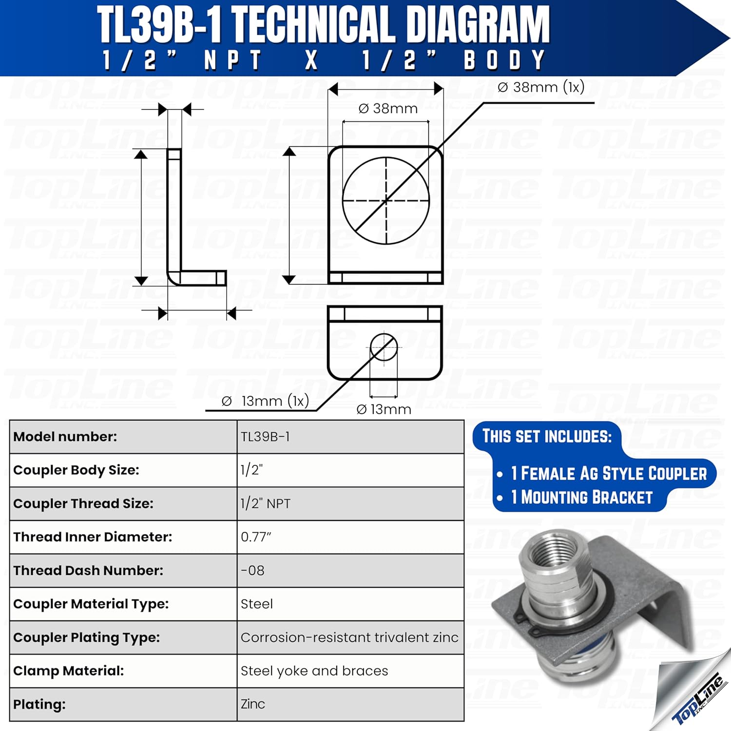 1/2" Body 1/2" NPT AG Thread | Agricultural Couplers Hydraulic Quick Connect with Break Away Mounting Bracket | ISO 5675 Ag Pioneer Style Couplers | Push/Pull Heavy-Duty Coupling | Model TL39B-1