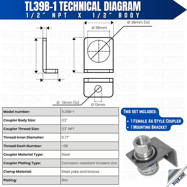 1/2" Body 1/2" NPT AG Thread | Agricultural Couplers Hydraulic Quick Connect with Break Away Mounting Bracket | ISO 5675 | Skid Steer Bobcat Attachment | Push/Pull Heavy-Duty Coupling | Model TL39B-1
