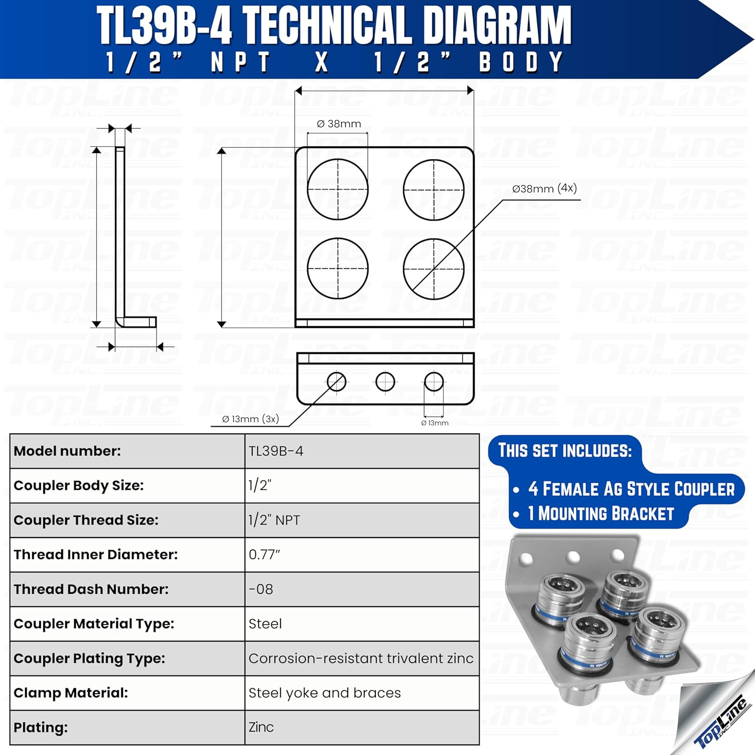 1/2" Body 1/2" NPT AG Thread | Agricultural Couplers Hydraulic Quick Connect with Break Away Mounting Bracket | ISO 5675 Ag Pioneer Style Couplers | Push/Pull Heavy-Duty Coupling | Model TL39B-4
