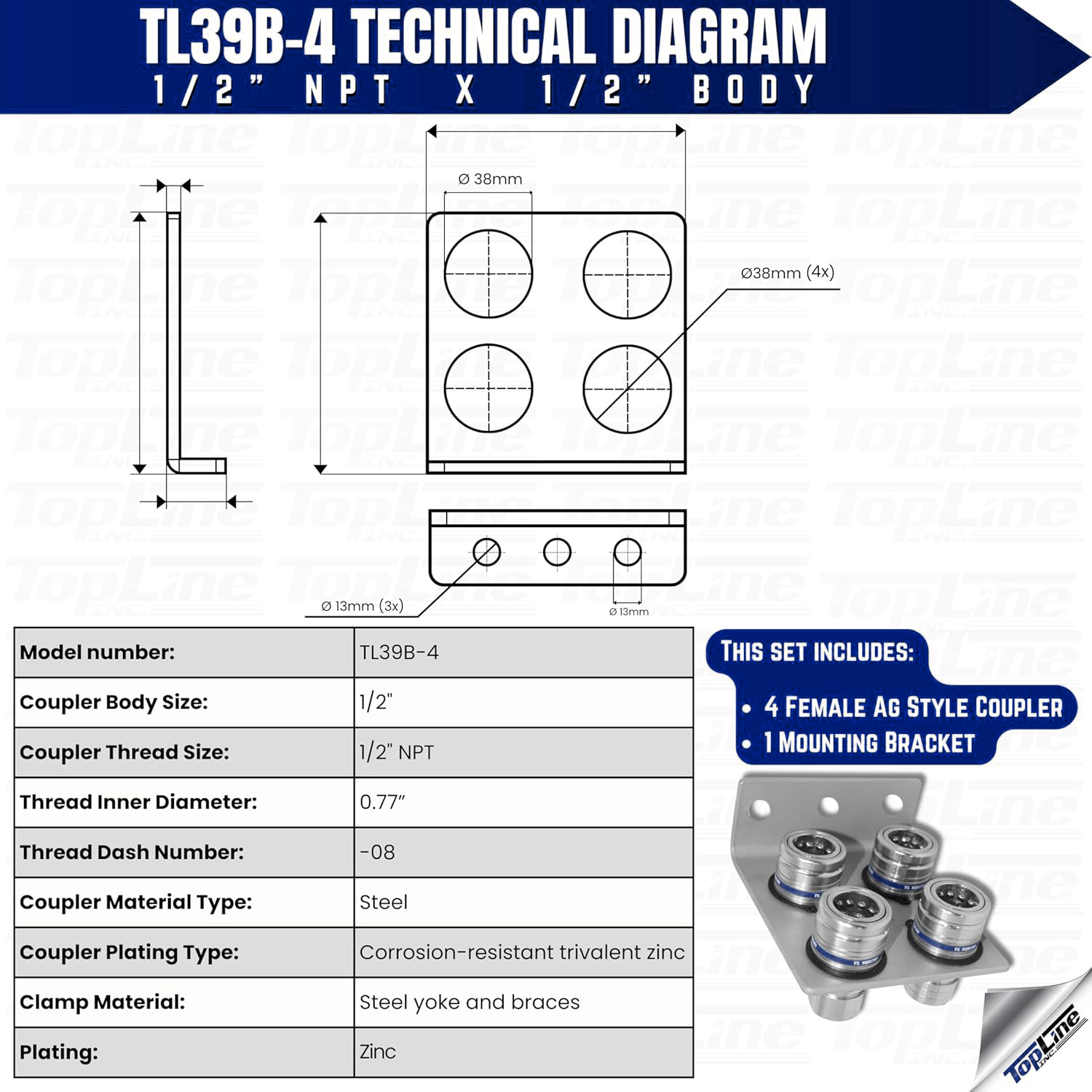 1/2" Body 1/2" NPT AG Thread | Agricultural Couplers Hydraulic Quick Connect with Break Away Mounting Bracket | ISO 5675 Ag Pioneer Style Couplers | Push/Pull Heavy-Duty Coupling | Model TL39B-4