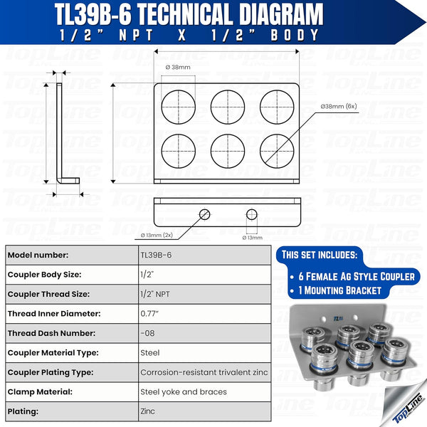 1/2" Body 1/2" NPT AG Thread | Agricultural Couplers Hydraulic Quick Connect with Break Away Mounting Bracket | ISO 5675 | Skid Steer Bobcat Attachment | Push/Pull Heavy-Duty Coupling | Model TL39B-6