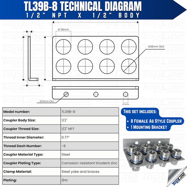1/2" Body 1/2" NPT AG Thread | Agricultural Couplers Hydraulic Quick Connect with Break Away Mounting Bracket | ISO 5675 | Skid Steer Bobcat Attachment | Push/Pull Heavy-Duty Coupling | Model TL39B-8