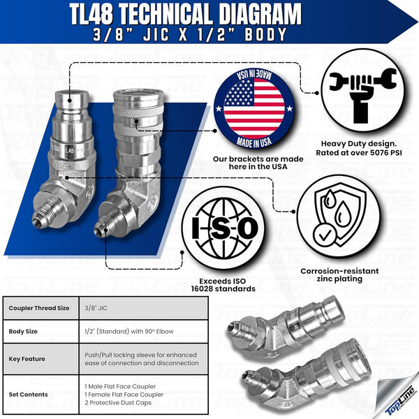 TL48 1/2" Body 90 deg. Elbow 3/8” JIC Thread Flat Face Quick Connect Coupler