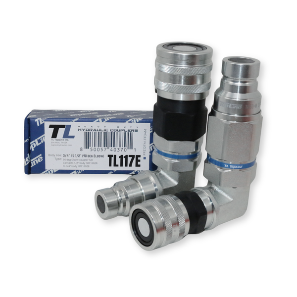 90 Degree Adapter Set Flat Face Coupler | Converts 1/2 body to 3/4 body | Hydraulic Quick Connect Coupler | ISO 16028 | Heavy-Duty Coupling Set for Bobcat Bulkhead for Skid Steer Loaders | Model TL117E