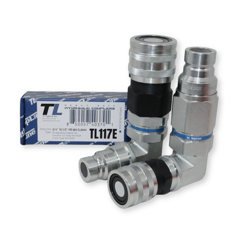 90 Degree Adapter Set Flat Face Coupler | Converts 1/2 body to 3/4 body | Hydraulic Quick Connect Coupler | ISO 16028 | Heavy-Duty Coupling Set for Bobcat Bulkhead for Skid Steer Loaders | Model TL117E