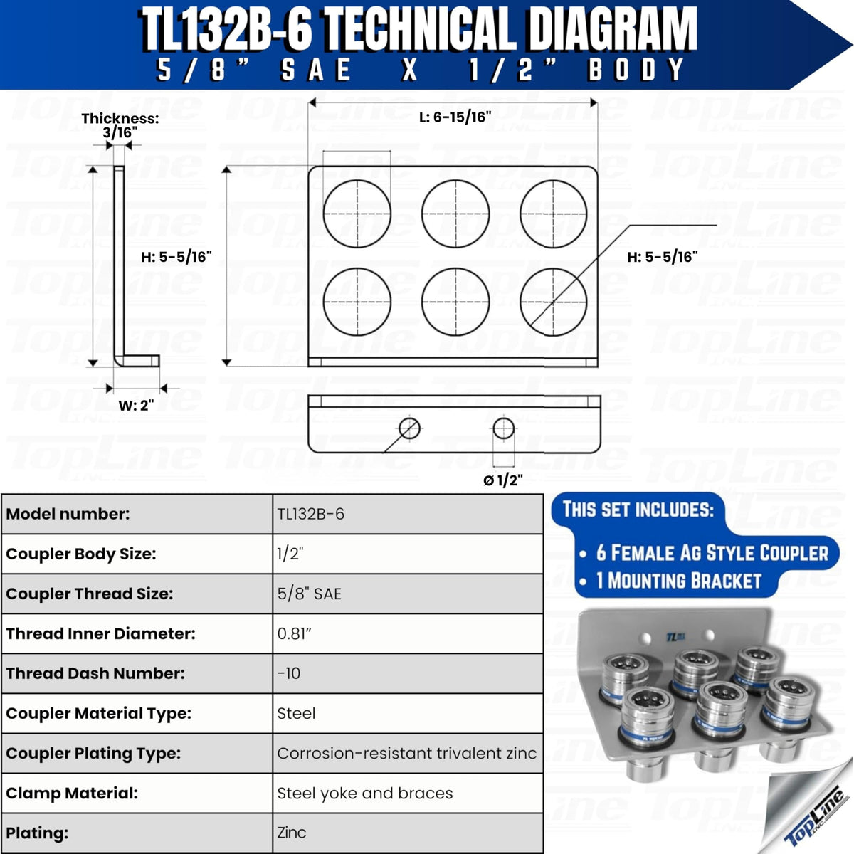 1/2" Body 5/8" SAE Thread | Agricultural Couplers Hydraulic Quick Connect with Break Away Mounting Bracket | ISO 5675 Ag Pioneer Style Couplers | Push/Pull Heavy-Duty Coupling | Model TL132B-6