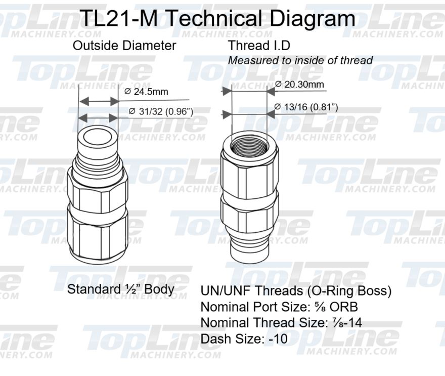 TL21-M 5/8" SAE Thread Flat Face Quick Connect Hydraulic Coupler Male 1/2" body size Bobcat Skid Steer Loaders