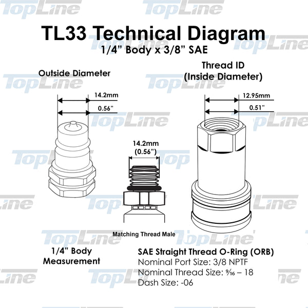 Technical Diagram 1/4 Body 3/8 SAE Hydraulic Quick connect Coupler