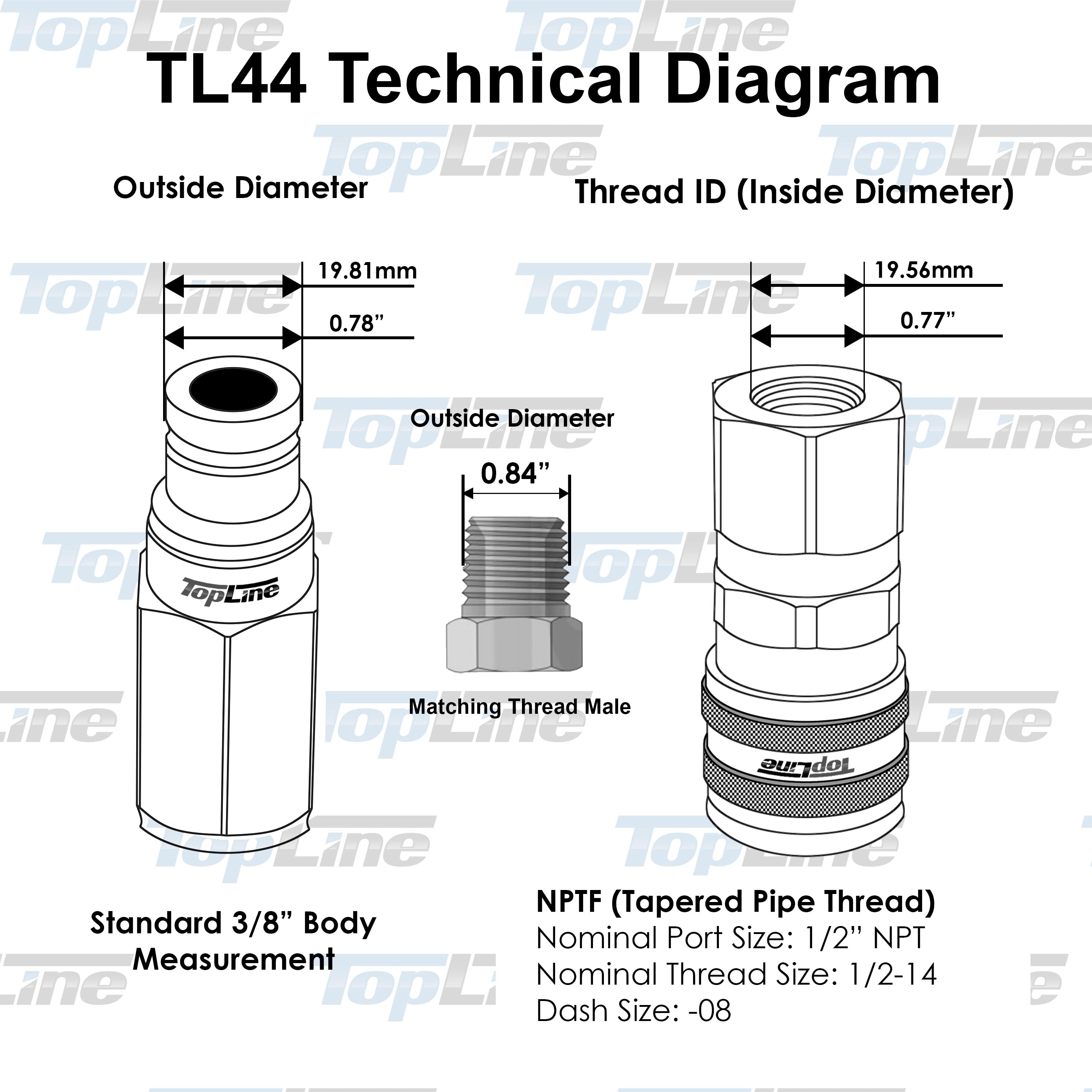 TL44 1/2" NPT Thread 3/8" body size Flat Face Quick Connect Hydraulic Couplers  for Bobcat Skid Steer Loaders