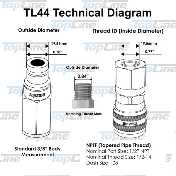 TL44 1/2" NPT Thread 3/8" body size Flat Face Quick Connect Hydraulic Couplers  for Bobcat Skid Steer Loaders