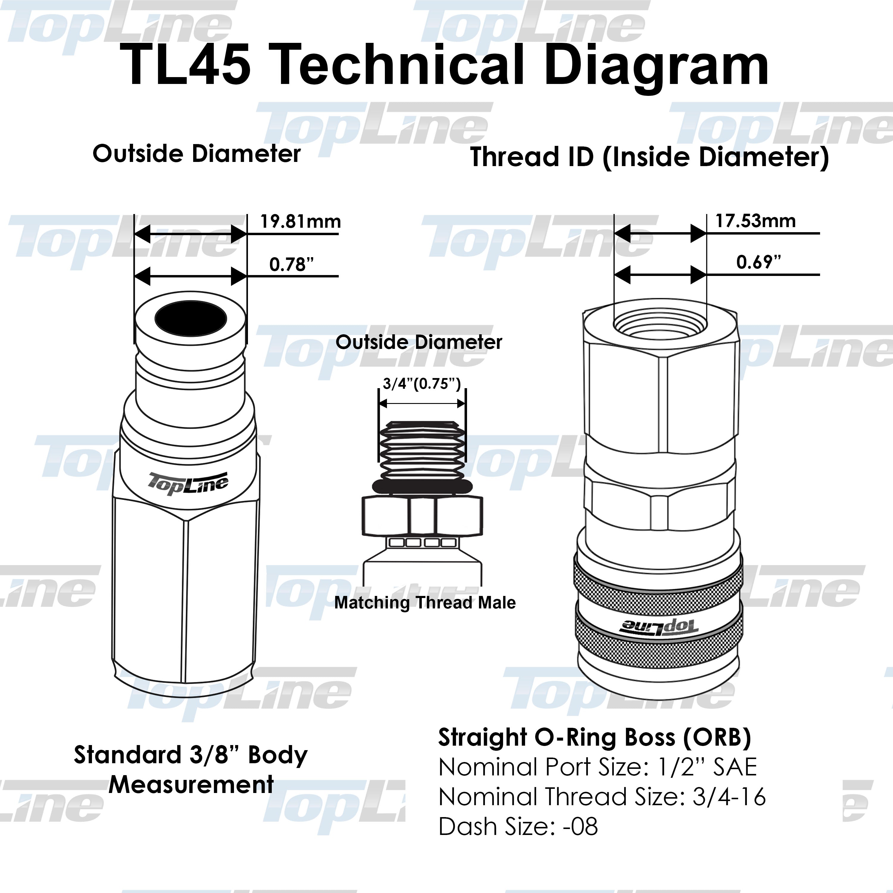 TL45 1/2" SAE Thread 3/8" body size Flat Face Quick Connect Hydraulic Couplers  for Bobcat Skid Steer Loaders