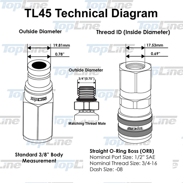 TL45 1/2" SAE Thread 3/8" body size Flat Face Quick Connect Hydraulic Couplers  for Bobcat Skid Steer Loaders
